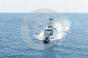 Modern patrol navy ship sails in the sea during territory patrol mission.Peace keeping operation sea patrol