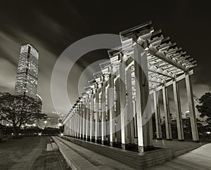 Modern pavilion and skyscraper in Hong Kong city at night