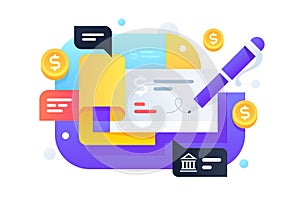 Modern pen signs checkbook for transmission money from banking system.