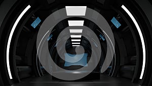Pentagon podium in spaceship or space station interior, Sci Fi tunnel, stage for product presentation, 3D rendering