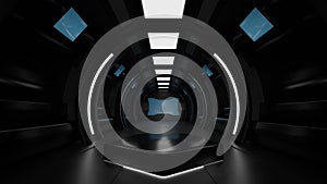 Pentagon podium in spaceship or space station interior, Sci Fi tunnel, stage for product presentation, 3D rendering