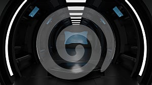 Pentagon podium in spaceship or space station interior, Sci Fi tunnel, stage for product presentation, 3D rendering