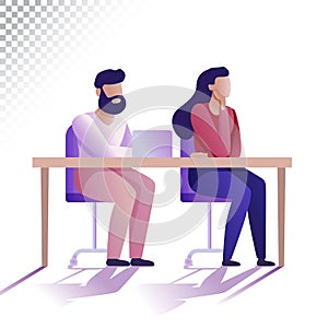 Modern people flat illustration. Young man and woman are sitting at the table. Vector illustration on a transparent