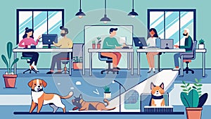 Modern Pet-Friendly Office Environment with Collaborative Workspace