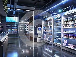 Modern pharmacy interior with robot assistant