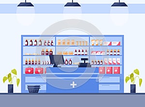 Modern pharmacy interior with shelves with medicaments and drugs. photo