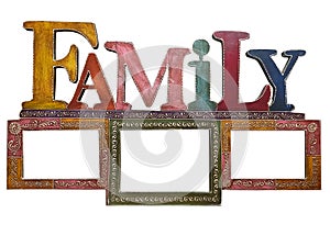 Modern Photo Frame For Family, Isolated White Background, Triple photo slot Family writen on the top of borders photo