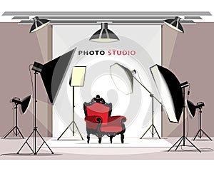 Modern photo studio interior with lighting equipment and armchair. Flat style.