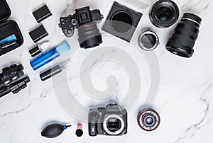 Modern photography cleaning kit workstation on white marble background