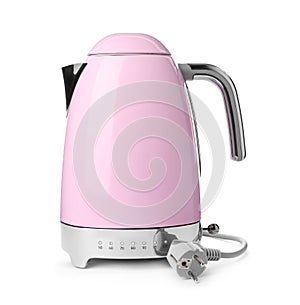 Modern pink electric kettle with base and plug isolated