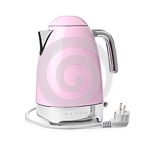 Modern pink electric kettle with base and plug isolated