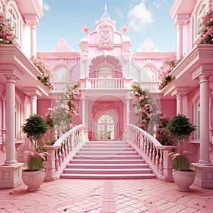 Modern pink house with staircase entrance, barbie concept background