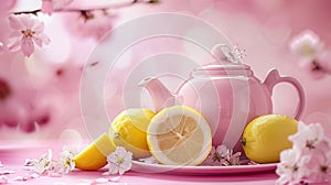 Modern pink kettle, cup and lime on wooden table in kitchen on pink background