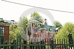 Modern pink mansion in Moscow in the spring