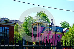 Modern pink mansion in Moscow in the spring