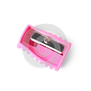 Modern pink pencil sharpener on white background