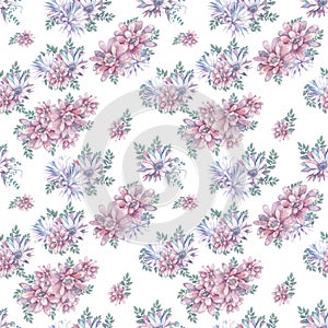 This Modern Pink and Purple Floral Pattern Features a Repeating Flower Background Design with Pastel Colors. Watercolor lotus and