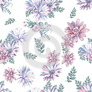 This Modern Pink and Purple Floral Pattern Features a Repeating Flower Background Design with Pastel Colors. Watercolor lotus and