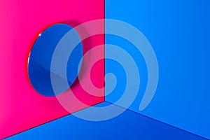 Modern Pink Showcase on Abstract Colorful Background. Arch In Form Of Circle. Abstract Art. 3d rendering