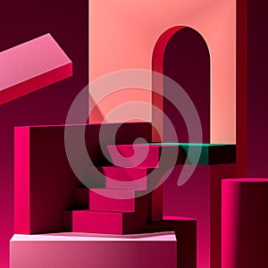 Pink Showcase With Abstract Colorful Figures. Empty Space. Copy Space. Abstract Pattern. 3d rendering