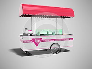 Modern pink trolley fridge with ice cream of different tastes 3d render on gray background with shadow