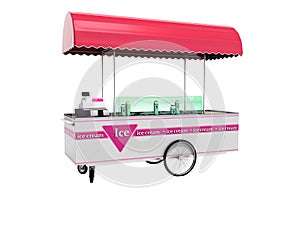 Modern pink trolley fridge with ice cream of different tastes 3d render on white background no shadow