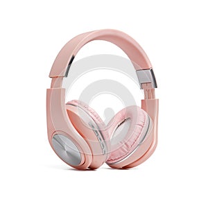 Modern pink wireless headphones isolated on white background