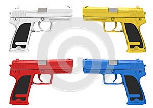 Modern pistols and hand guns in various colors