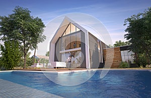 Modern pitched roof villa with pool photo