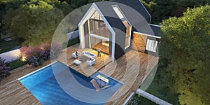 Modern pitched roof villa with pool and garden