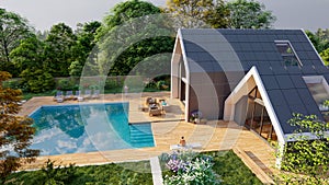 Modern pitched roof villa with pool and garden