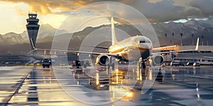 Modern plane standing on airport wet runways with beautiful after storm sky, sunny clouds on background. Air traffic