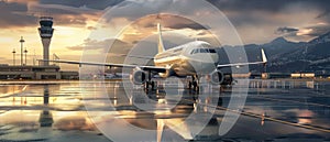 Modern plane standing on airport wet runways with beautiful after storm sky, sunny clouds on background. Air traffic