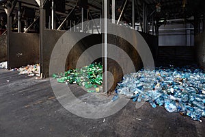 Modern plant of waste sorting recycling. Separate collection and sorting of plastic PET bottles storage boxes for further