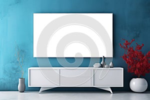 a modern plasma TV stands on a blue background with white living room furniture , generated by AI