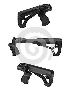 Modern plastic folding buttstock with a weapon handle. Replaceable part of the gun. Isolate on a white back