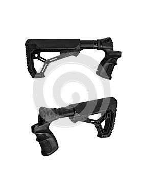 Modern plastic folding buttstock with a weapon handle. Replaceable part of the gun. Isolate on a white back