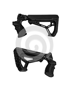 Modern plastic folding buttstock with a weapon handle. Replaceable part of the gun. Isolate on a white back