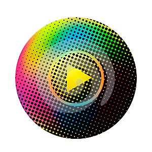 Modern play button in the style of 80-90 years in halftone. flat vector illustration isolated on white background. icon for web