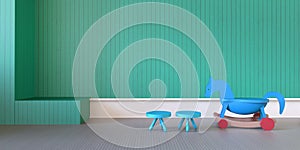 Modern Play Room and bench toy on green wall/3d rendering