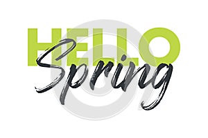 Modern, playful, vibrant graphic design of a saying `Hello Spring` in yellow and grey colors.
