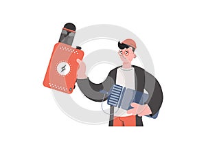 Modern plus size man smoking vape standing at the store. Body positive concept. Flat vector illustration.