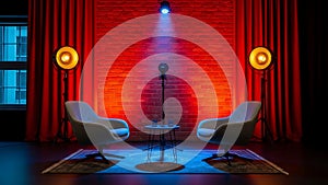 Podcast Studio Setup Two Chairs, Microphone, Red Brick Wall, Dramatic Lighting