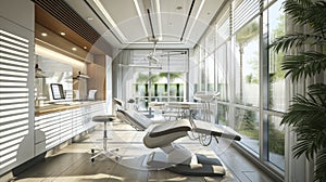 A modern podiatry clinic interior boasting sleek chairs and equipment with abundant natural light creating a welcoming