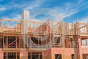 Modern podium construction of upscale apartment building complex near downtown Dallas, Texas, USA