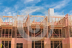 Modern podium construction of upscale apartment building complex near downtown Dallas, Texas, USA