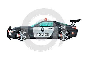 Modern Police Car, Emergency Patrol Vehicle, Side View Flat Vector Illustration