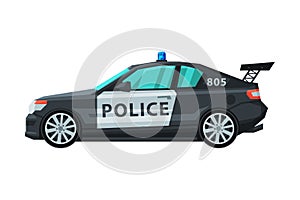 Modern Police Sedan Car, Emergency Patrol Vehicle, Side View Flat Vector Illustration