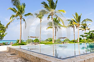 Modern pool with palm trees in the background. Tropical hotel resort. Empty paradise. Luxury villa outdoor.