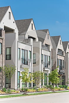 Modern porch of new development three story single family houses near Dallas, Texas